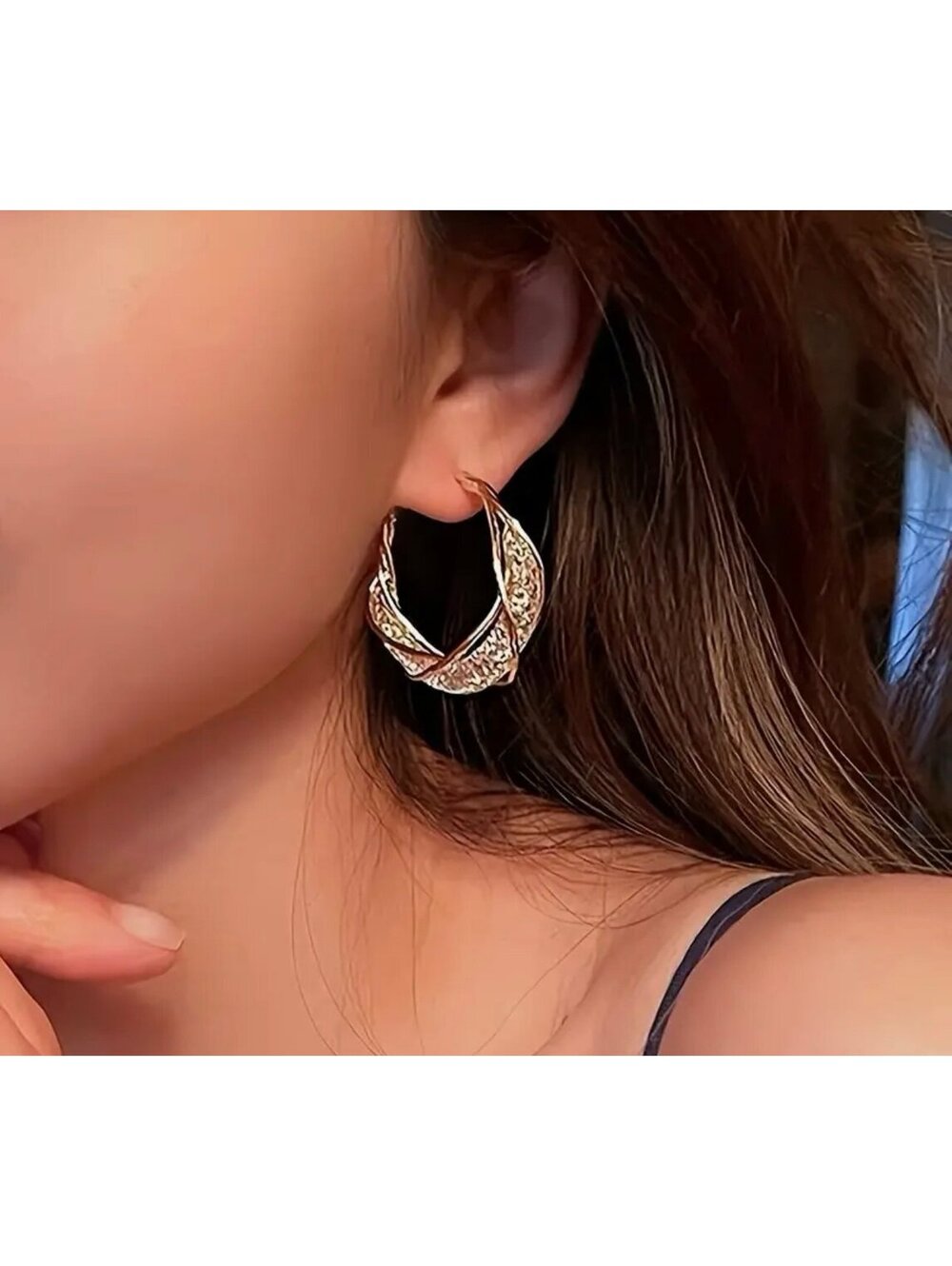 New - Gorgeous - Golden Twist Hoop Earrings with Rhinestone Accents